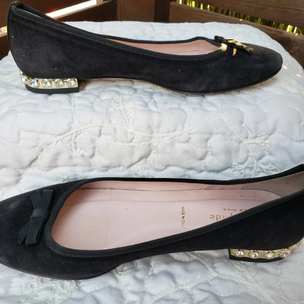 EUC KATE SPADE midnight black suede flats with jeweled gold heels (7.5)